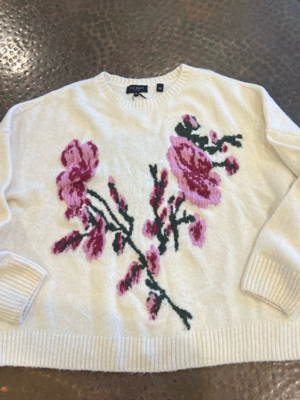Ted Baker Cream Crewneck Sweater with Pink Floral Intarsia